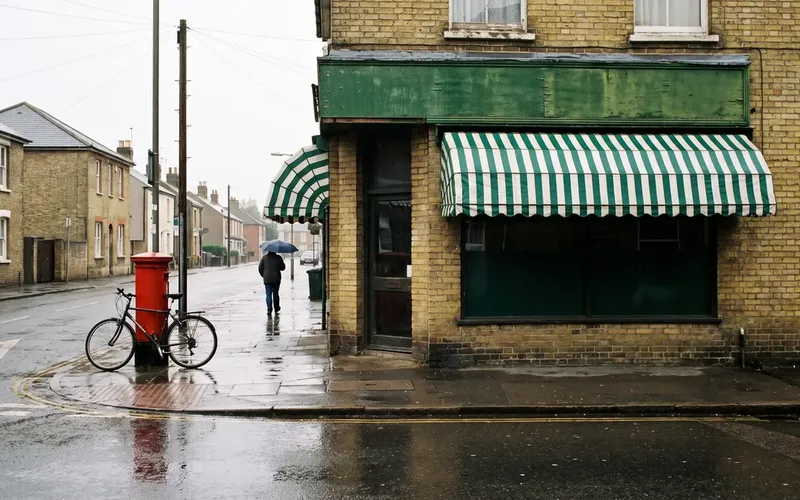 A small British corner shop on a wet high street, the kind of business local SEO helps customers find