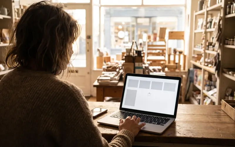 A shop owner at her counter waiting for a half-loaded web page, with grey placeholder blocks on the laptop screen