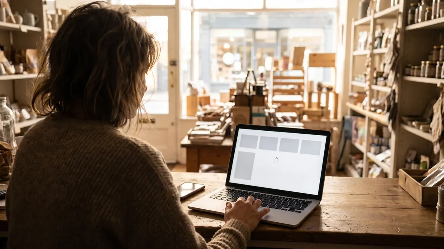A shop owner at her counter waiting for a half-loaded web page, with grey placeholder blocks on the laptop screen