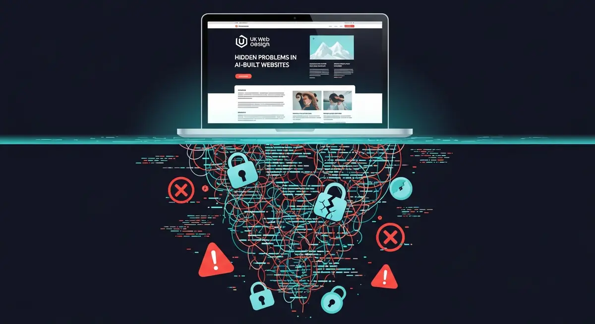 Laptop showing a clean website on screen with hidden security problems underneath like an iceberg