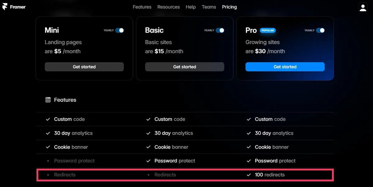framer has limitations for redirects only for pro plan