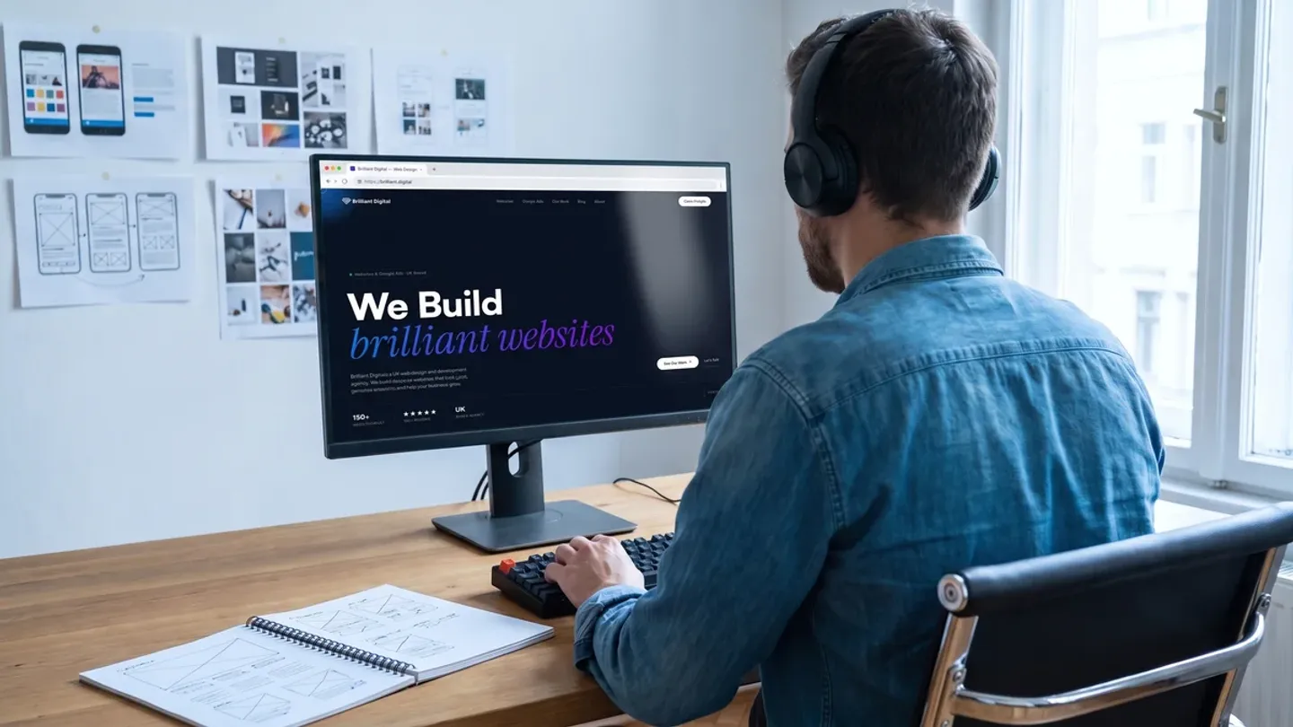 A web designer building a website, with wireframe sketches and printed page layouts on the wall