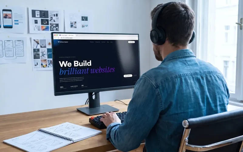 A web designer building a website, with wireframe sketches and printed page layouts on the wall