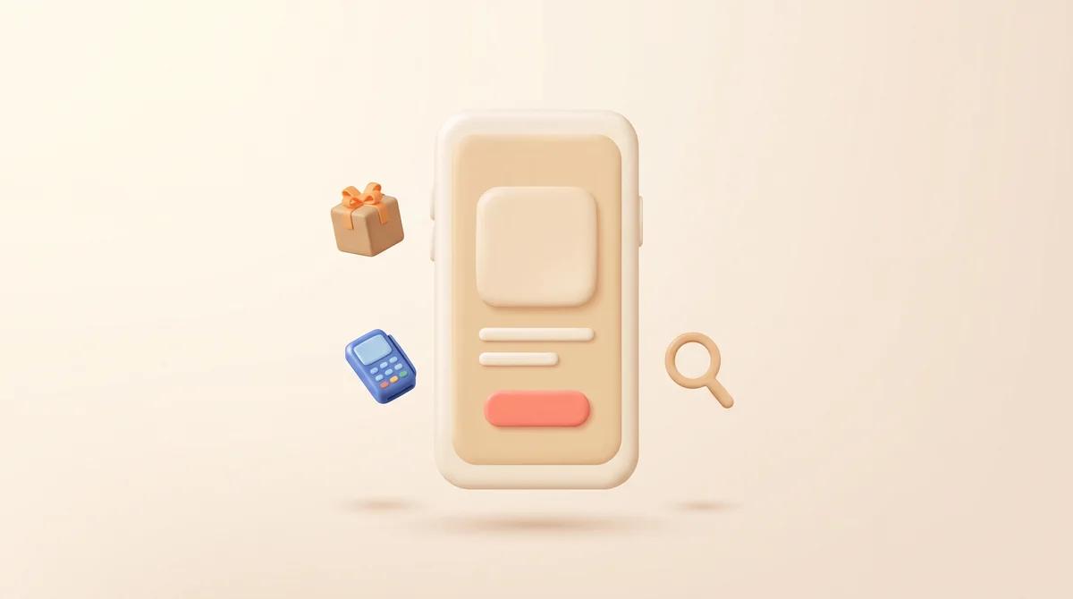 A phone showing an online shop product page, with a parcel, card reader and search icon