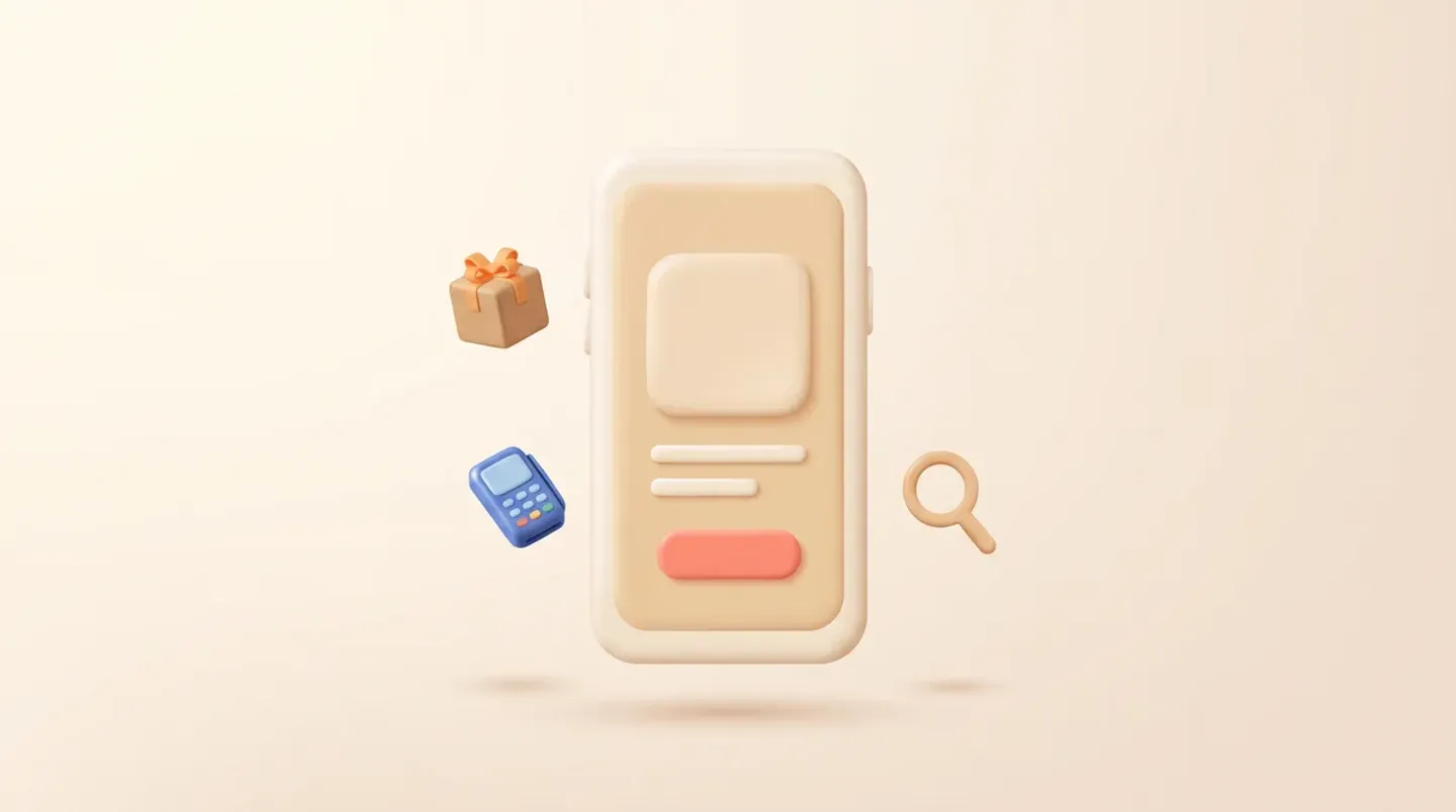 A phone showing an online shop product page, with a parcel, card reader and search icon