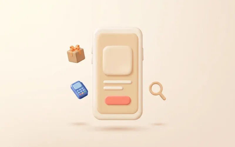 A phone showing an online shop product page, with a parcel, card reader and search icon