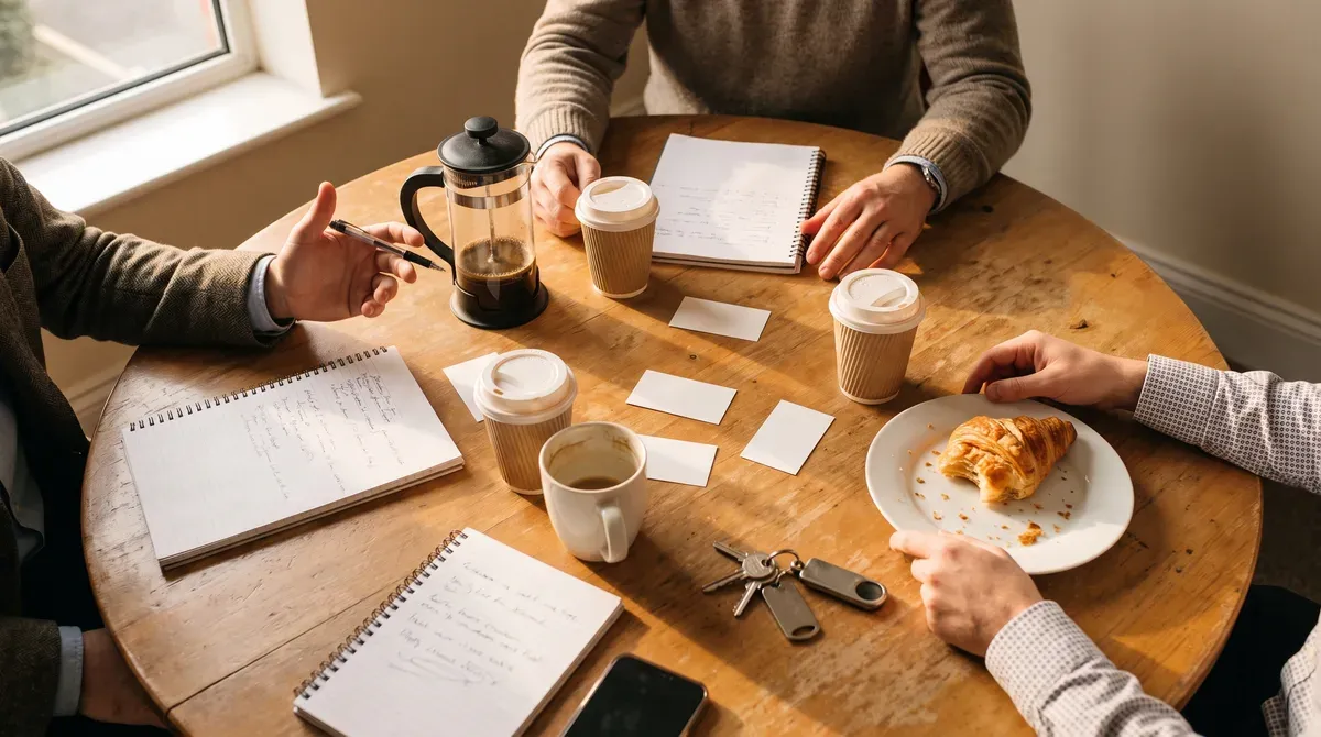 Coffee, notebooks and business cards on the table at a business networking breakfast