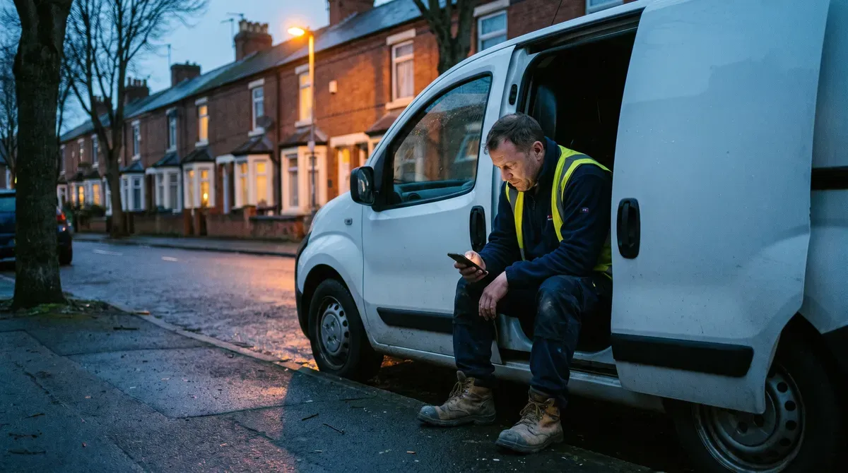 A UK tradesman sitting in the open side door of his van at dusk, checking his phone between jobs