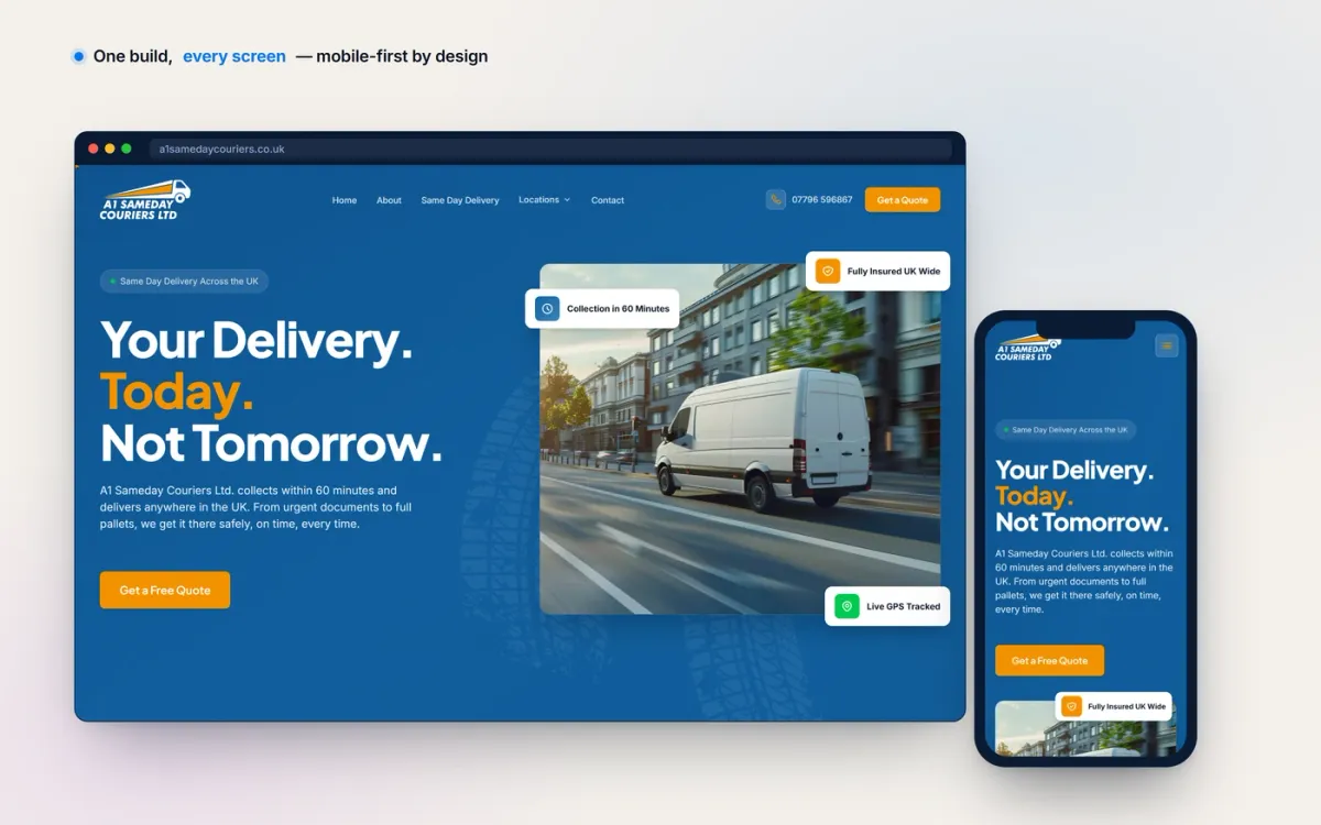 A business website shown on desktop and mobile, built mobile-first