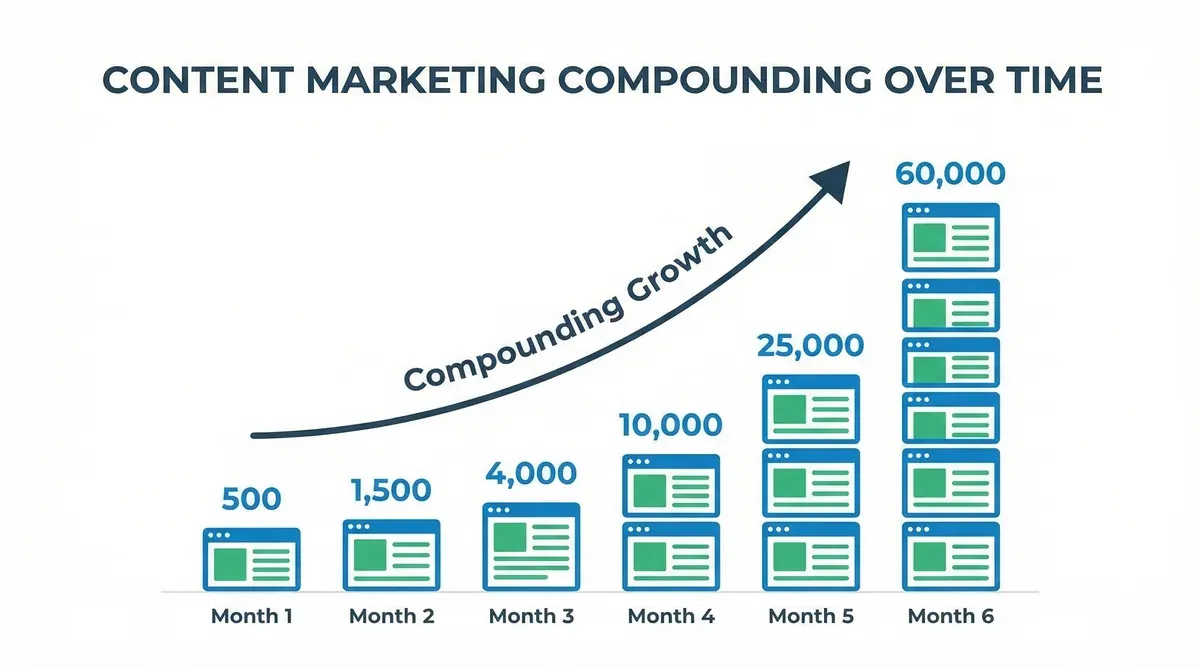 Infographic showing how content marketing compounds in traffic over six months
