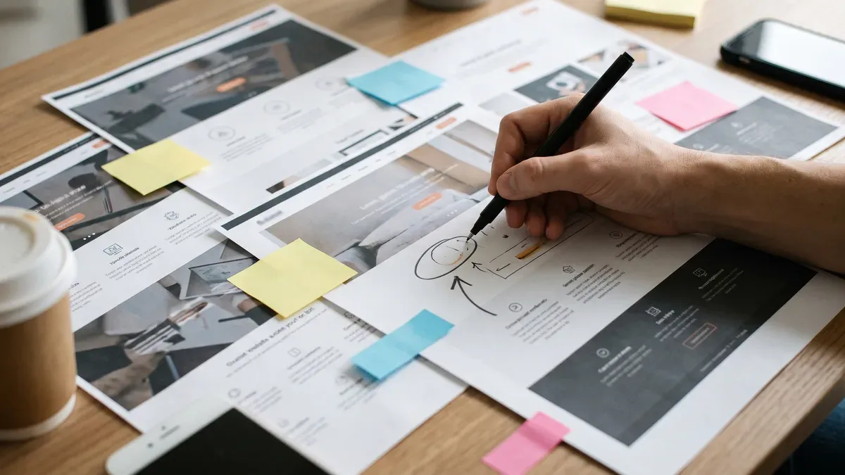 Printed website page designs on a desk being marked up with a pen, with sticky notes flagging changes