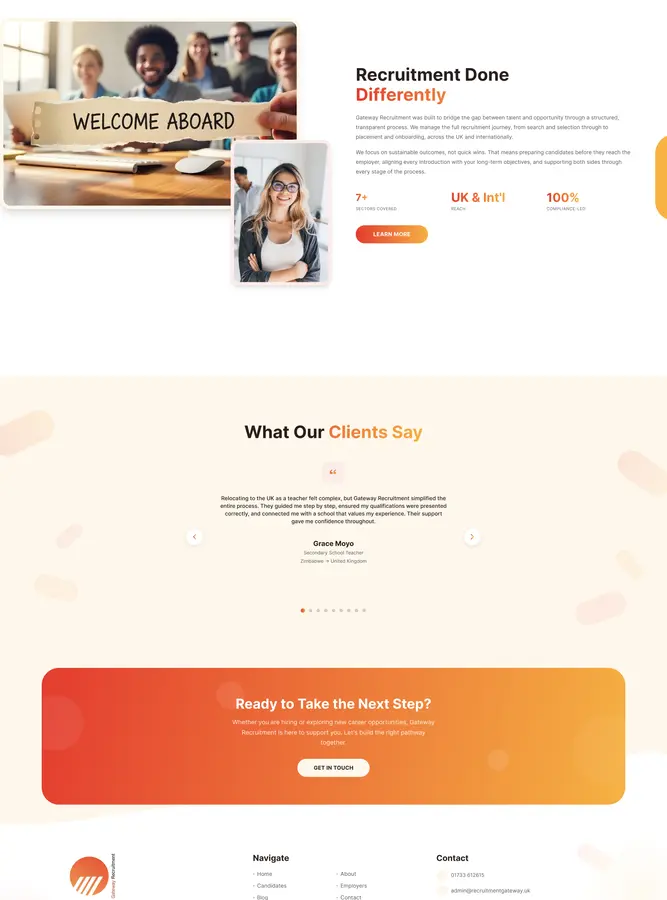 Gateway Recruitment homepage, about section, testimonials and closing call to action