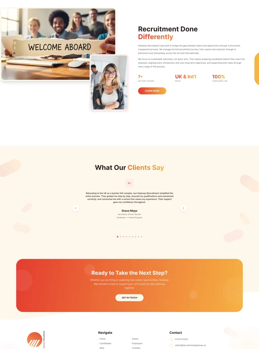 Gateway Recruitment homepage, about section, testimonials and closing call to action