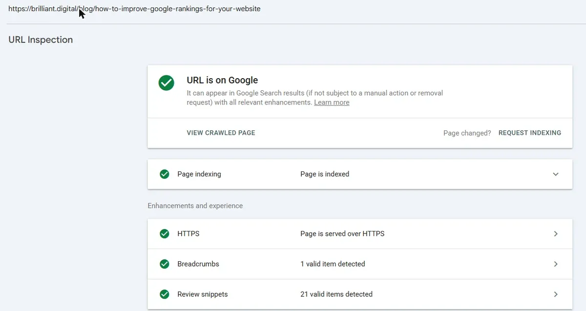 Google Search Console URL Inspection showing that a page is indexed and can appear on Google