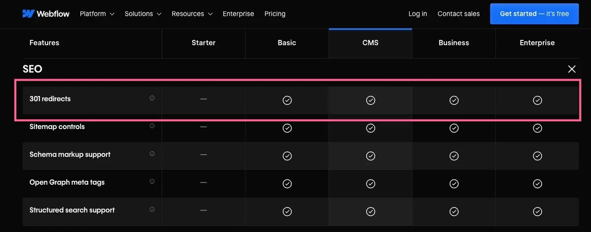 webflow offers redirects