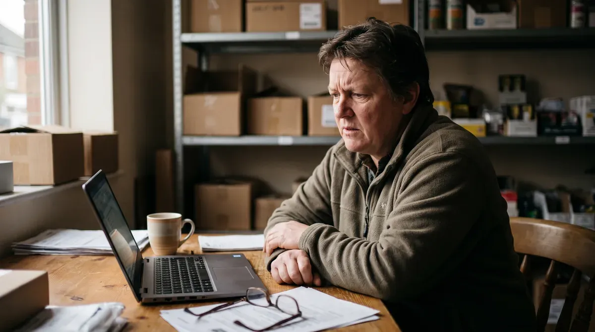 A UK small business owner sitting at a laptop in a shop stock room, frowning at a website warning