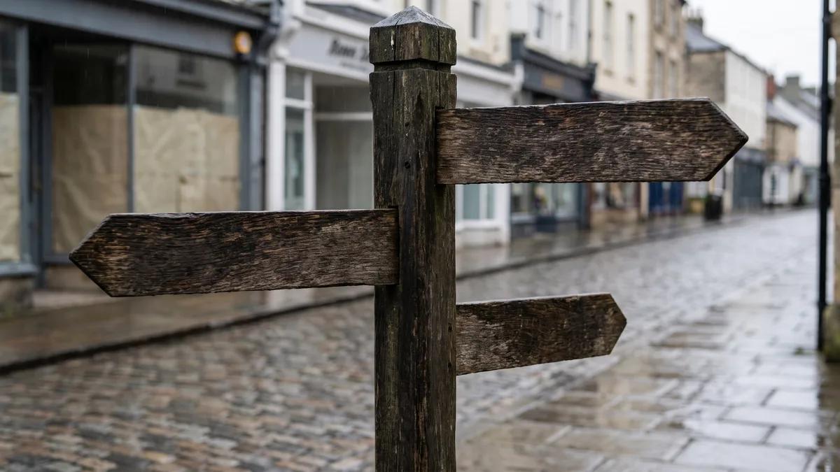 A weathered wooden signpost on a British high street pointing in three directions