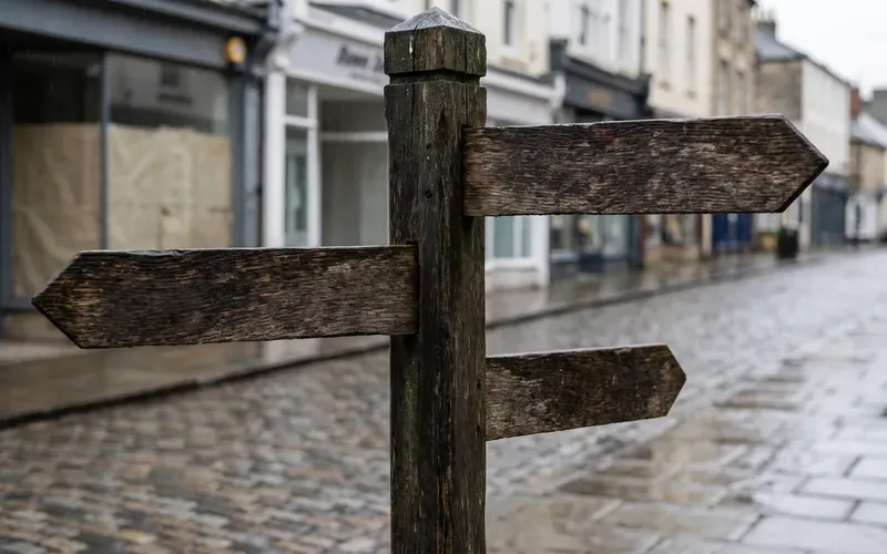 A weathered wooden signpost on a British high street pointing in three directions