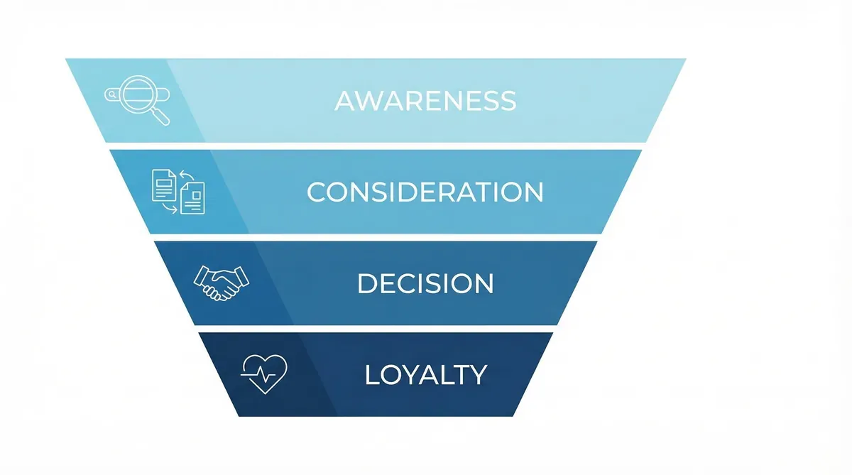 Content marketing funnel showing four stages from awareness to customer loyalty