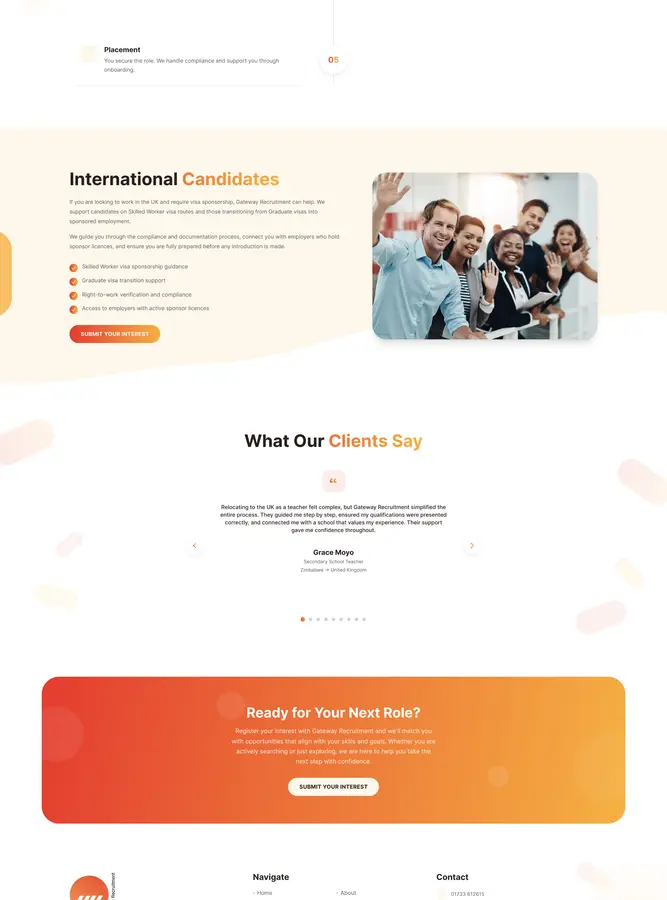 Gateway Recruitment candidates page, international candidates section