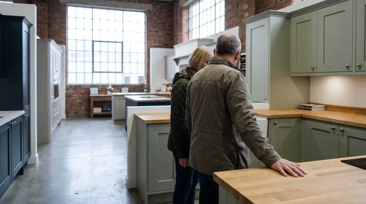 A couple browsing an independent kitchen showroom, the kind of purchase that takes months to decide