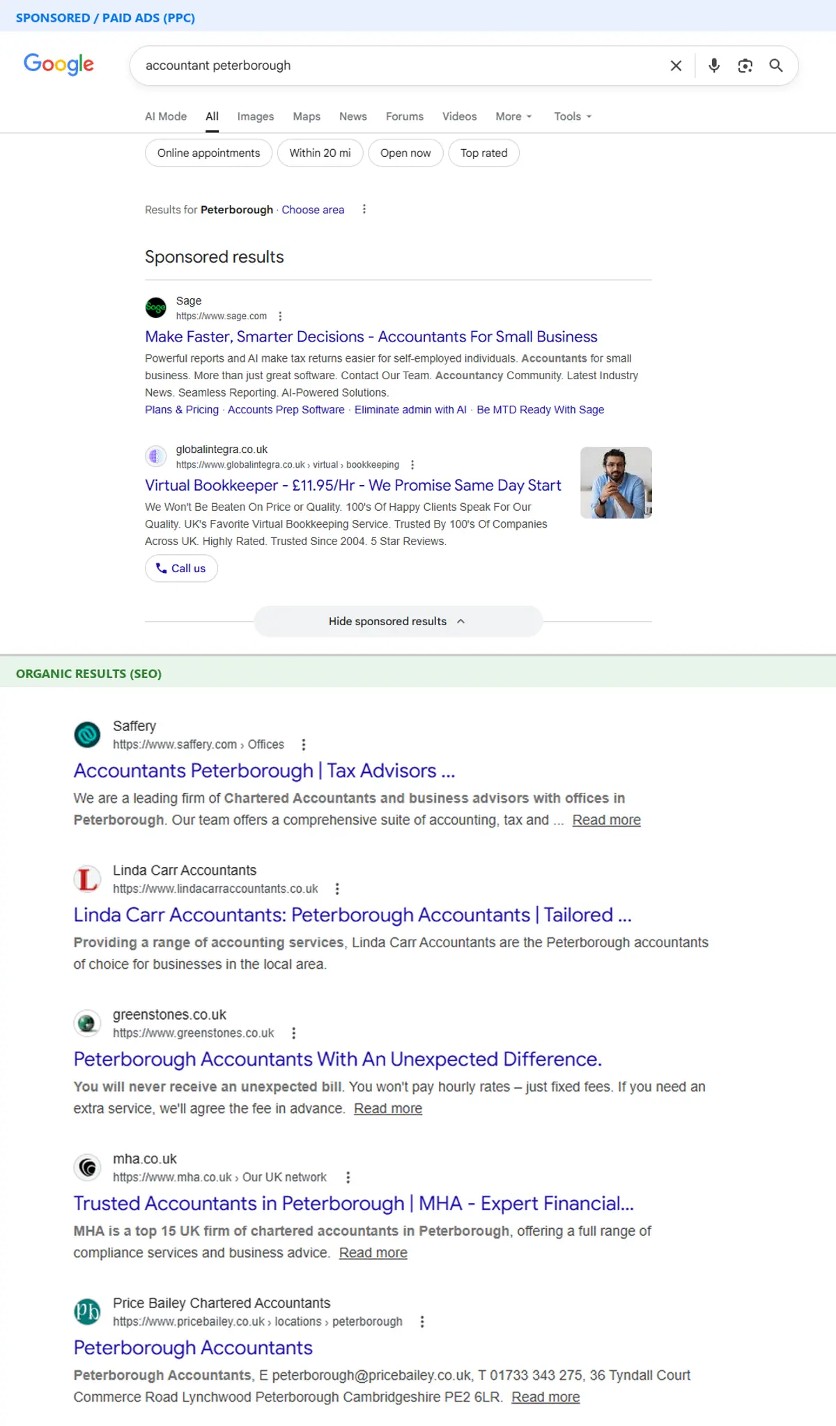 Google search results page showing sponsored paid ads at top versus organic SEO results below