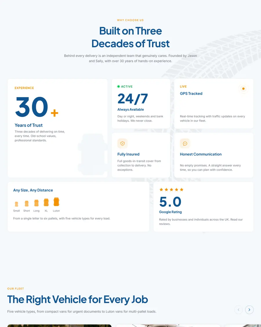 A1 Sameday Couriers trust section, 30 plus years and 5.0 Google rating