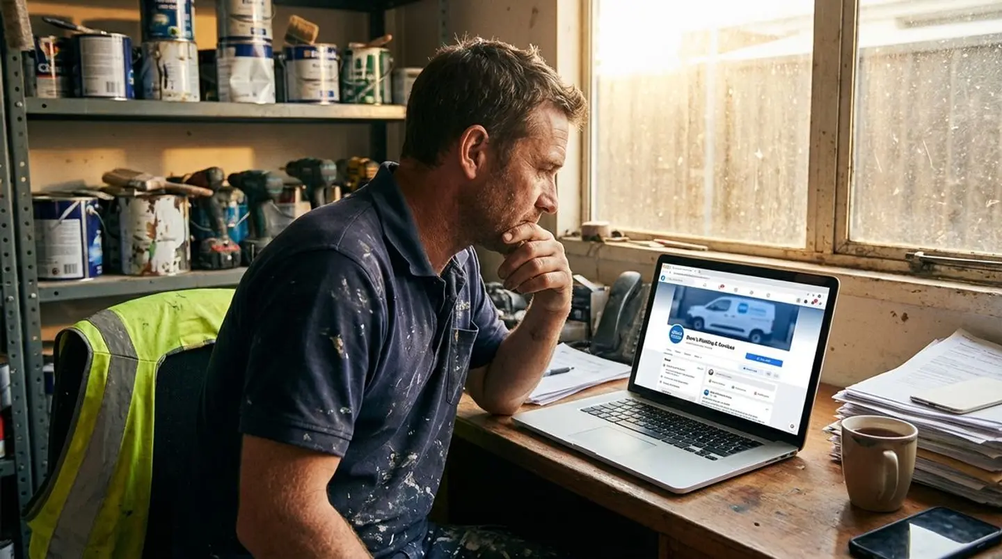 Tradesman looking at Facebook business page on laptop in workshop