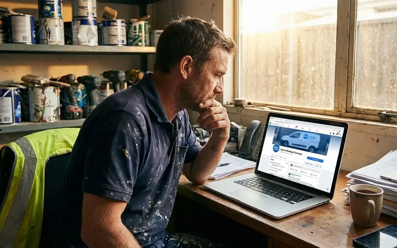 Tradesman looking at Facebook business page on laptop in workshop