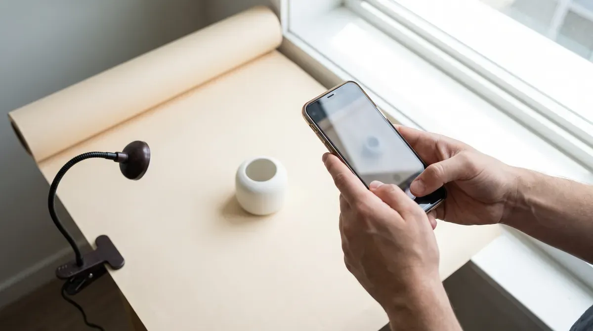 Photographing a product on a plain backdrop with a phone for an online shop listing