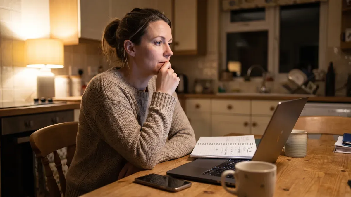 A small business owner weighing up her advertising options at the end of the day