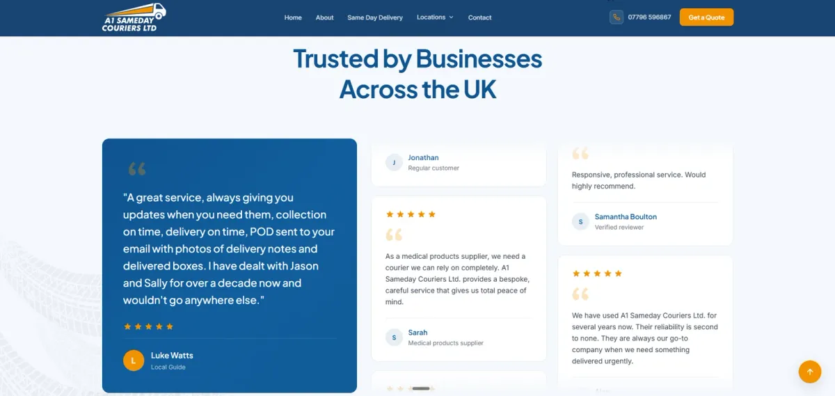 A1 Sameday Couriers website testimonials section showing five-star customer reviews as social proof