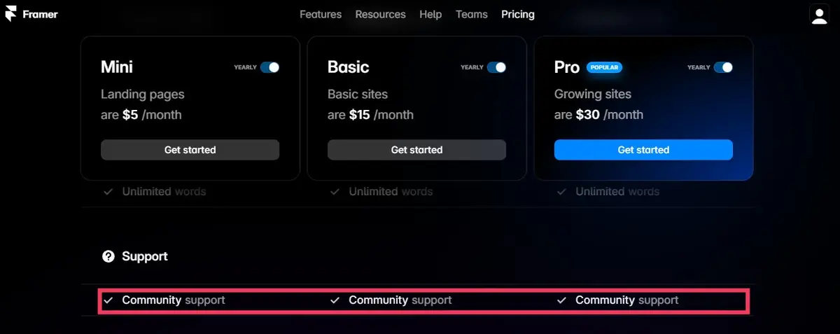 framer offers support just from community