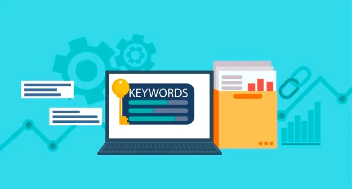 keywords research banner. laptop with a folder of documents and