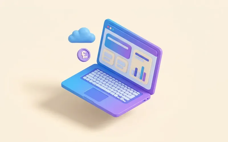 Isometric 3D laptop displaying a website with a floating cloud and a pound coin, representing the cost of web hosting