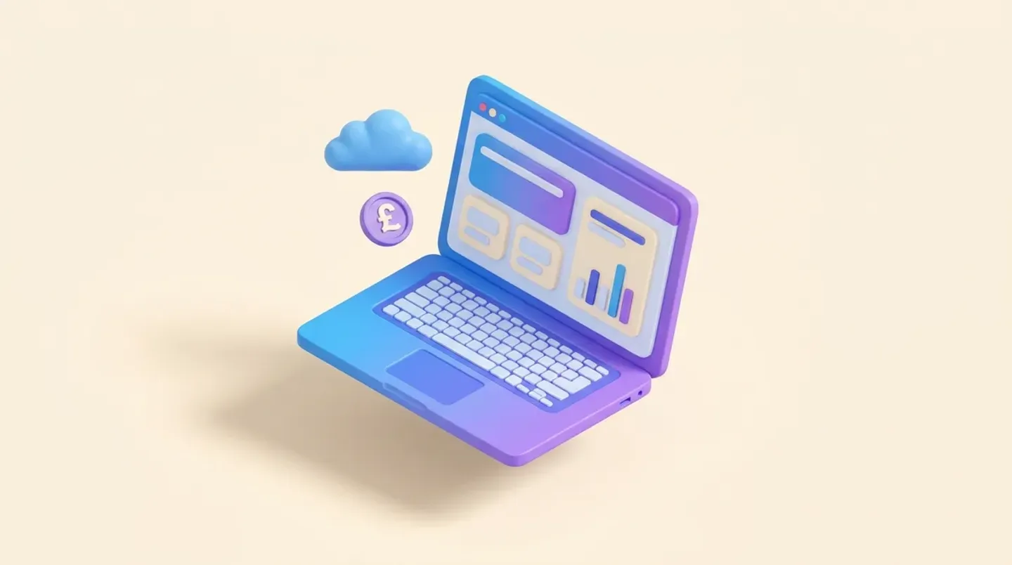Isometric 3D laptop displaying a website with a floating cloud and a pound coin, representing the cost of web hosting