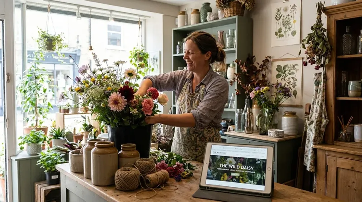 A UK florist in her colourful shop with a tablet showing her simple website