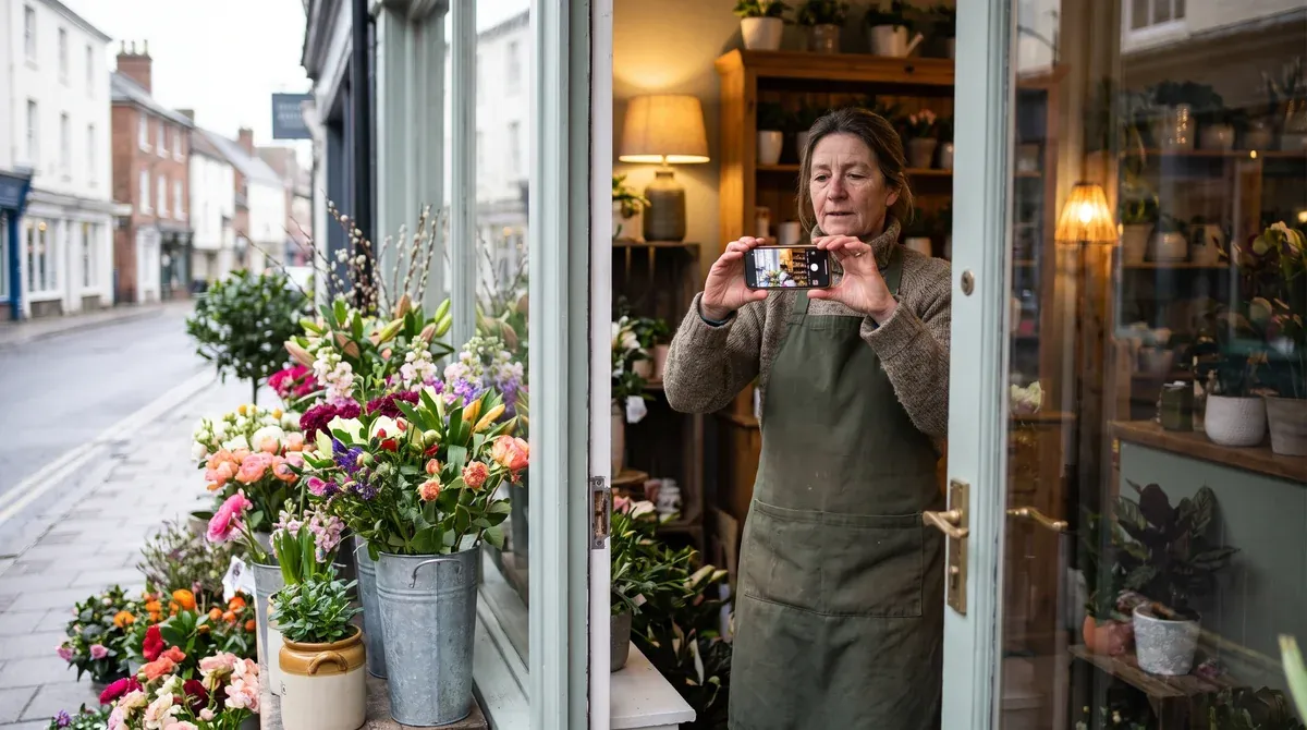 A florist photographing her own shop front to add current photos to her Google Business Profile