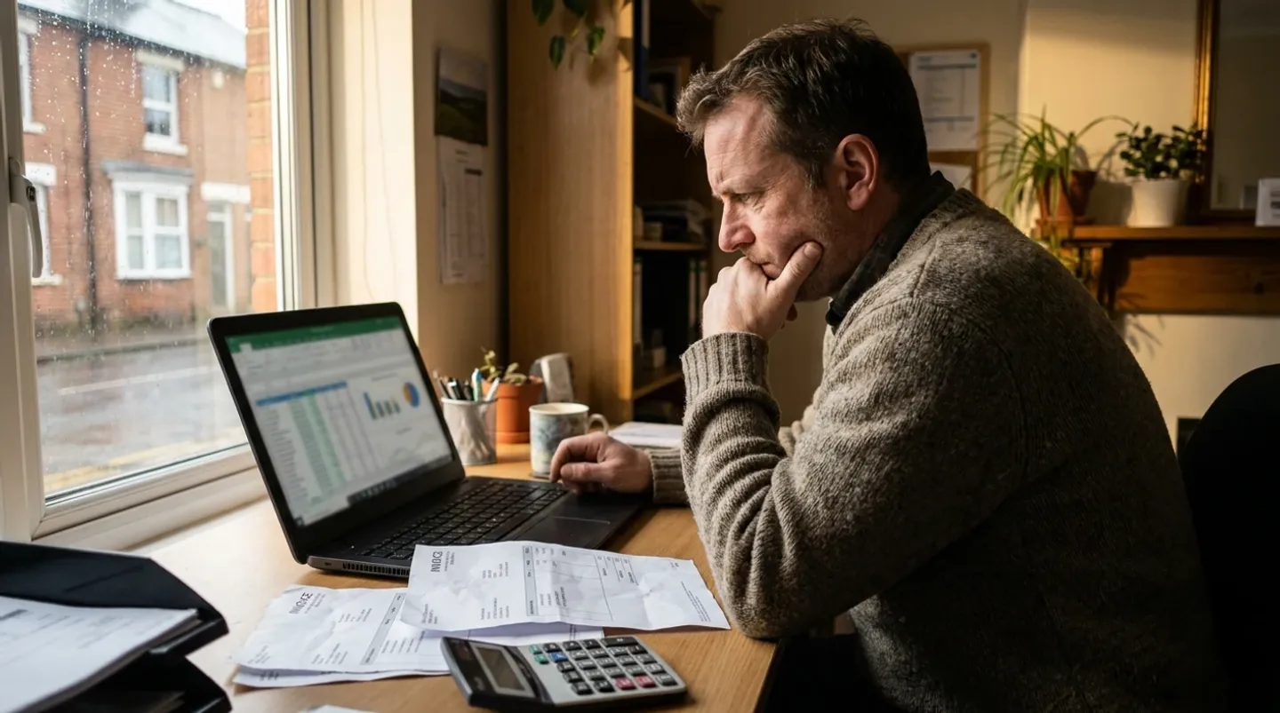 A small business owner reviewing figures on a laptop, weighing whether Google Ads are worth it