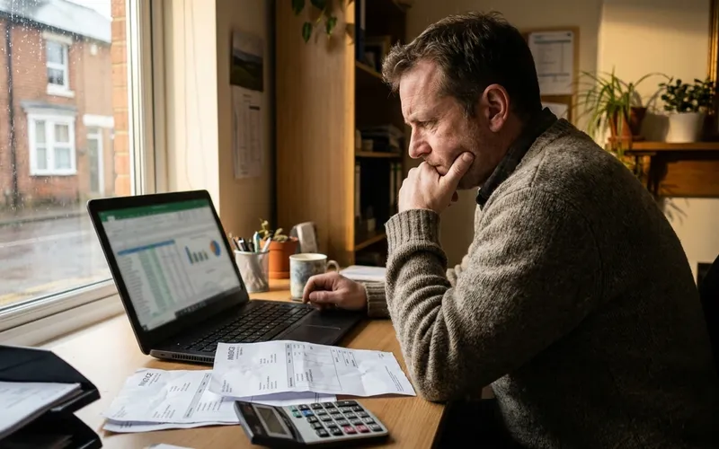 A small business owner reviewing figures on a laptop, weighing whether Google Ads are worth it