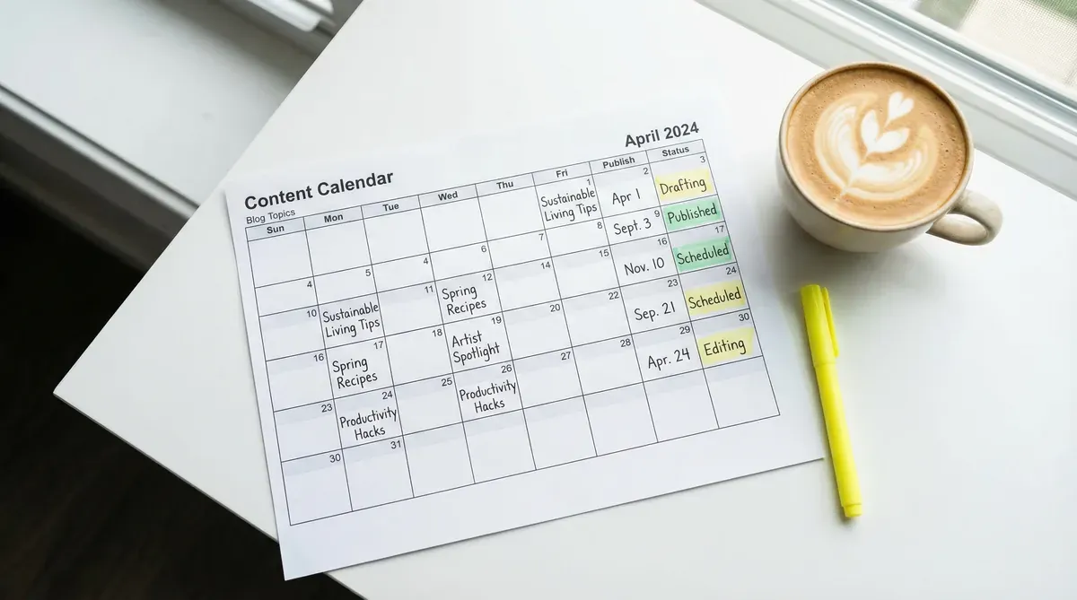 A simple content calendar showing planned blog topics and publish dates