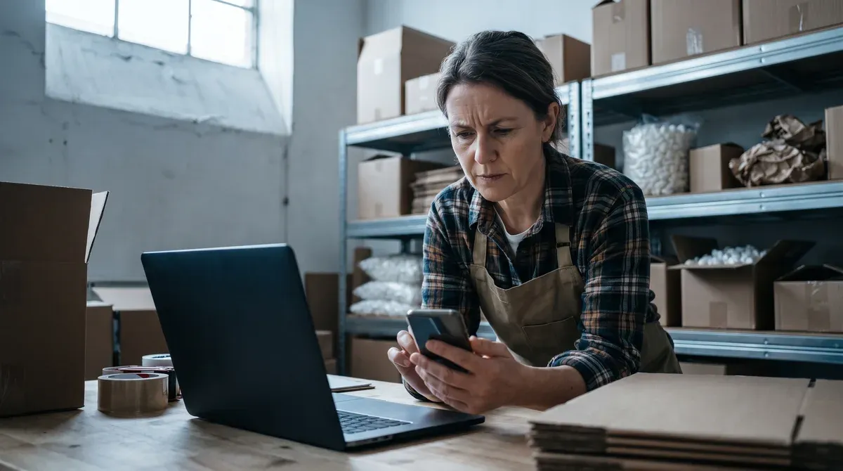 A shop owner checking their own online shop on a phone to find what is losing sales
