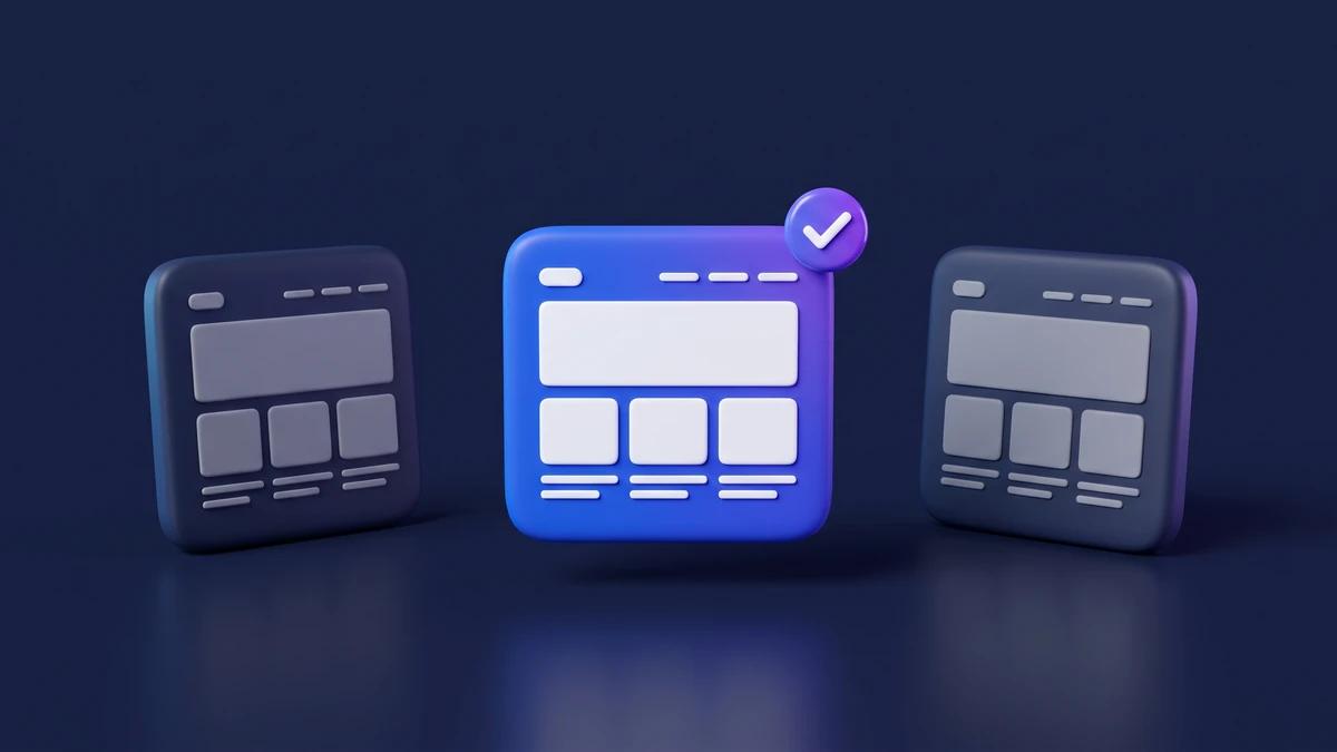 Three website design options side by side with the middle one selected, representing choosing a web designer