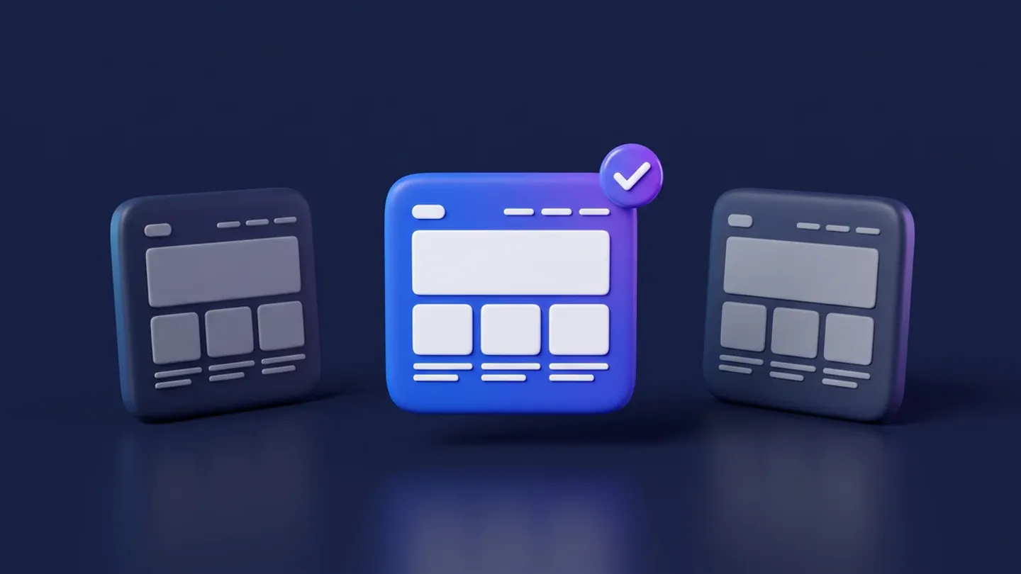 Three website design options side by side with the middle one selected, representing choosing a web designer