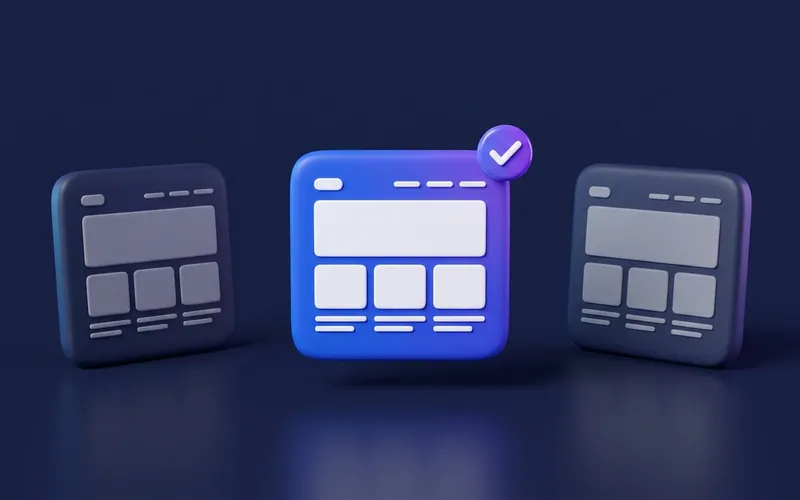 Three website design options side by side with the middle one selected, representing choosing a web designer