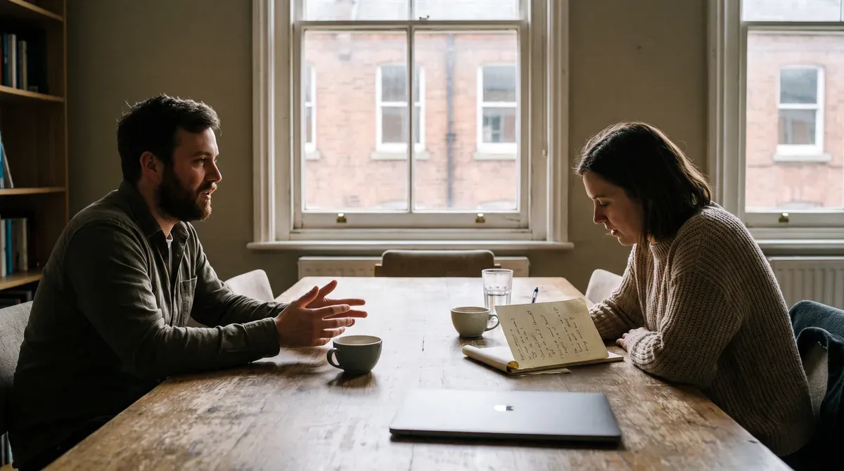 A business owner asking a web designer questions across a table in a first project meeting, with a notepad of written questions between them
