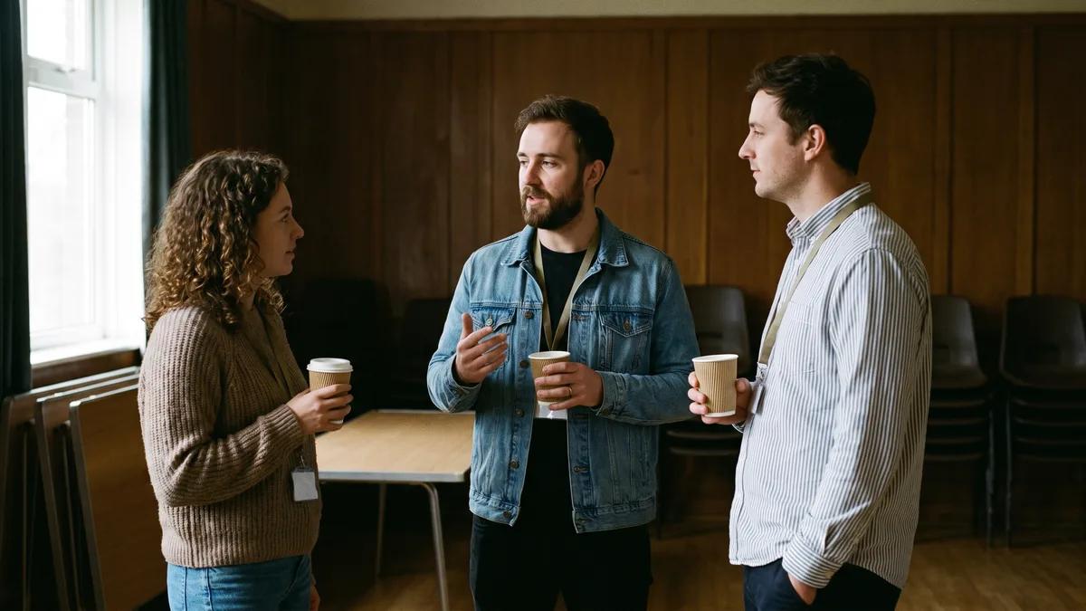 Small business owners talking at a UK business networking meeting