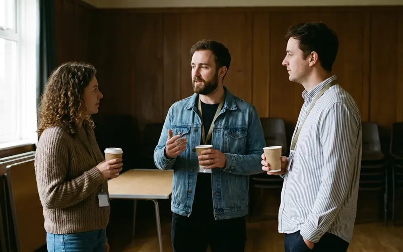 Small business owners talking at a UK business networking meeting