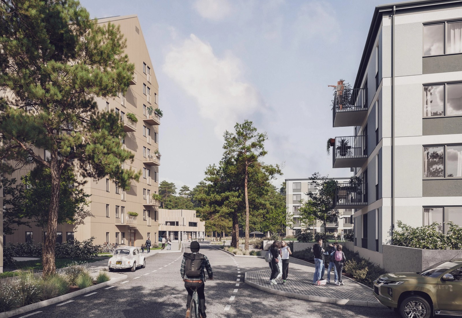 Fågelbyn, a modern residential area in Sweden with people jogging, walking their dogs, and cycling amidst greenery and contemporary buildings.  Fågelbyn, ett modernt bostadsområde i Sverige med människor som joggar, promenerar med sina hundar och cyklar bland grönska och moderna byggnader.