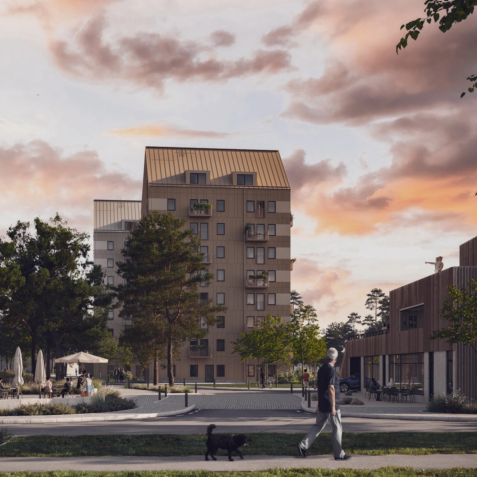 Fågelbyn, a modern residential area in Sweden with people jogging, walking their dogs, and cycling amidst greenery and contemporary buildings.  Fågelbyn, ett modernt bostadsområde i Sverige med människor som joggar, promenerar med sina hundar och cyklar bland grönska och moderna byggnader.